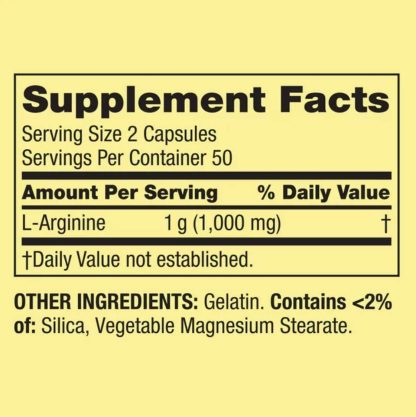 Spring Valley L-Arginine Amino Acid Heart Health Supplement Cápsulas, 500 mg, tamaño pequeño, 100 unidades