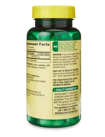 Spring Valley L-Arginine Amino Acid Heart Health Supplement Cápsulas, 500 mg, tamaño pequeño, 100 unidades